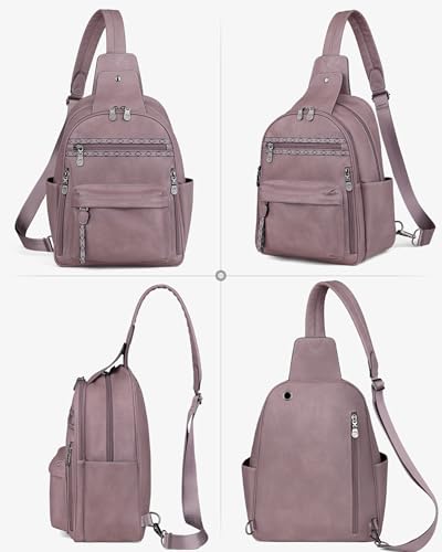 FADEON Large Sling Bag for Women, Leather Crossbody Purse Designer Anti Theft Sling Backpack, RFID Fanny Packs for Travel - color: Purple Retro Style