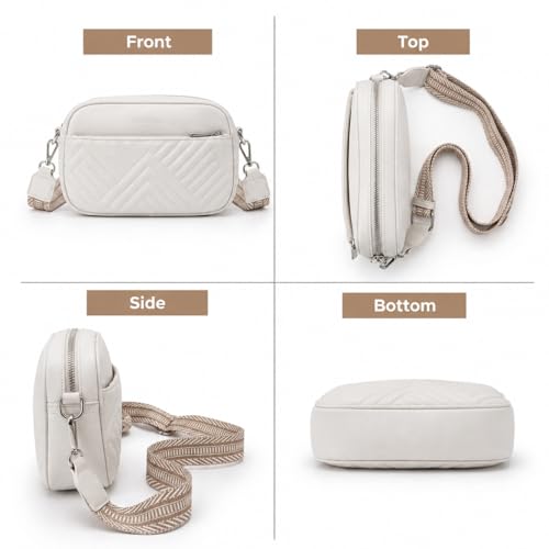 Vantamo Premium Quilted Crossbody Bags for Women with Anti-Pickpocket Clip, Vegan Leather Handbags, Travel Purses for Women - color: White With Jacquard Strap