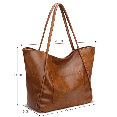 KKXIU Large Tote Bag for Women with Zipper Work Leather Travel Purse and Handbags - color: Dark Brown