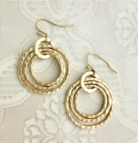 Bohemian Boho Round Circle Hoop Dangle Drop Earrings for Women – Delicate – Hammer Texture – Matte Plated – with Gift Box Included - style: MATTE GOLD - MULTI-CIRCLE DROP