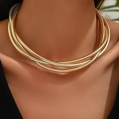 Chunky Chain Necklaces Women Statement Collar Necklace Gold Flat Snake Chain Choker Ribbed Design for Party, Dress Jewelry Gifts - color: A14