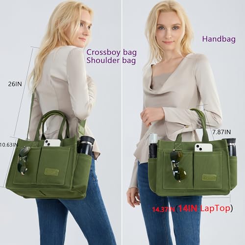 ZHMO Canvas Tote Bag for Women,Women's Bags Crossbody Bags Work Laptop Tote Bag Large Handbags Purse for Travel Nurse Teacher - color: New Upgrade Army Green With Compartments and Side Cup Holders