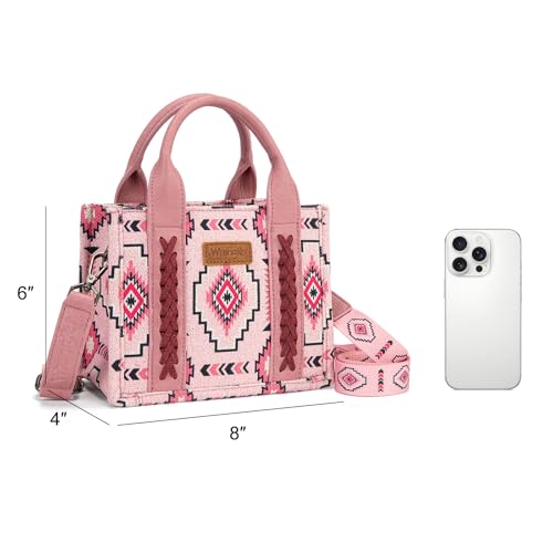 Wrangler Mini Aztec Tote Bag for Women Boho Small Top Handle Purse with Adjustable Strap - color: Boho Pink