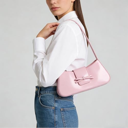 Shoulder Bags for Women Coquette Bow Purse Y2k Bag Small Cute Purses Mini Hobo Handbag Faux Leather Shoulder Purse - color: Pink