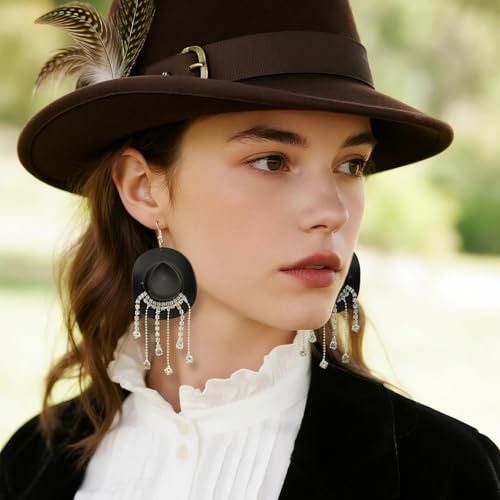 RechicGu 3 Pairs Western Cowgirl Cowboy Hat Earrings Set Silver Symmetric Boots Sparkly Rhinestone Tassels Drop Dangle Rural Culture Earrings Set For Women - color: Silver Boots,Black Hat
