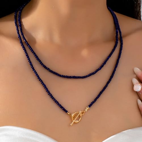 Red Beaded Necklace for Women Choker Gold Toggle Clasp Layered Stack Dainty Statement Western Boho Trendy Summer Vacation Necklaces Birthday Jewelry Gifts - color: E:Blue Beaded Necklace