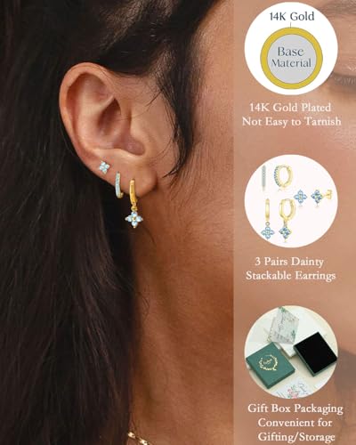 3 Pairs Gold Hoop Earrings Set for Women, Hypoallergenic 14K Gold Plated Huggie Earrings Stacks for Multiple Piercing Dainty Stud Earring Cartilage Birthstone Earring Women Jewelry Gift - color: 03. March(Aquamarine)