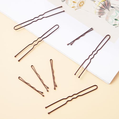 QIUTIMIY 200 Pcs Brown Wave-Shaped and U-Shaped Bobby Pins Mix Metal Hair Pins Hair Accessories for Women Stylists Hair Sticks Girl - color: Brown, size: W1.38U-Multi