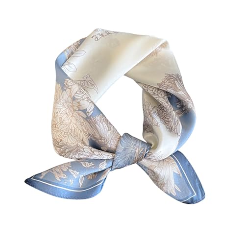 FEIBOON Mulberry Silk Scarfs Neck Scarf 21" Small Square Scarfs hair scarf bandana Neckerchief Headscarf for Women - color: White and Blue Flowers