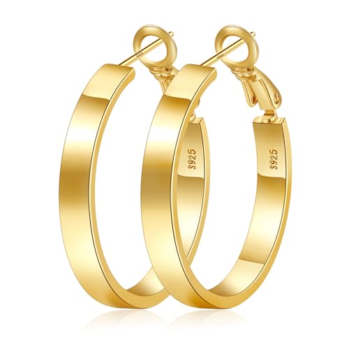 EXGOX Silver Hoop Earrings for Women - Sterling Silver & 14K Gold Plated - Hypoallergenic 925 Silver - Big Hoop Earrings (30/40/50/60/70mm) - color: 4MM Wide-Gold 30mm
