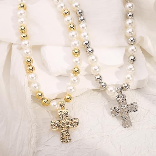 Chunky Cross Necklace for Women Chunky Gold Necklace Statement Cross Pendant Vintage Toggle Clasp Necklace Jewelry for Women - color: F2-Silver Cross Necklace