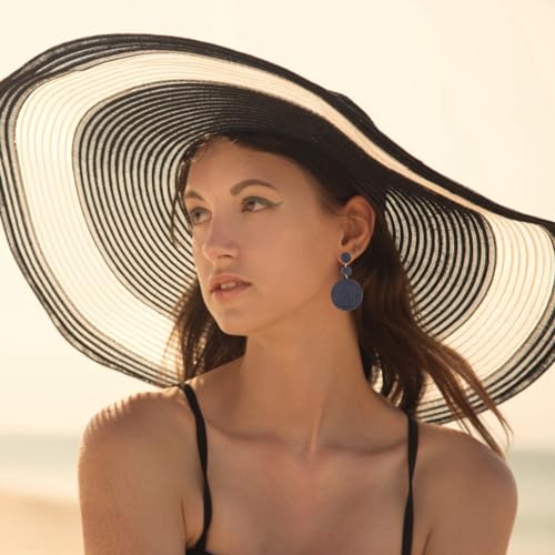 Boho Raffia Ball Earrings for Women, Handmade Statement Drop Earrings Straw Dangle Earrings Beach Vacation Jewelry - color: Black
