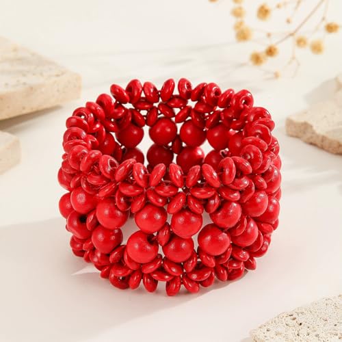 Bohemian Wooden Bead Bracelets Boho Colorful Handmade Elastic Stretch Bracelets Design for Women Summer Beach Festival Jewelry - color: Red
