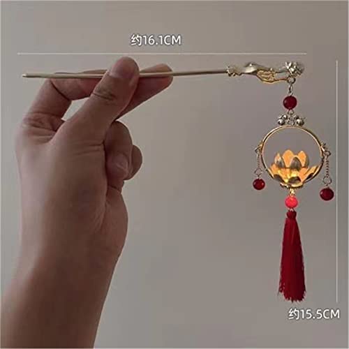 Chinese Hair Accessories Hair Stick Lantern Light Tassel Hairpins Coiled Hair Vintage Hair Bun Hair Pin for Women Red 1pc - color: Red