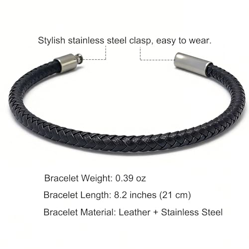 Men's Leather Bracelet, Stackable Stainless Steel Clasp Bracelets for Men Stylish Birthday, Thanksgiving, Valentine's Day Gift for My Man - style: 8.2" Black Leather