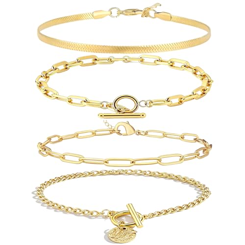 Alegend Titanium Steel (Not Rust, Resist Corruption, Easily Clean) 18K Gold Plated Single Bracelets + 14K Gold Plated Stackable Multilayer Bracelets - style: 14K Gold Plated Four-Layered B