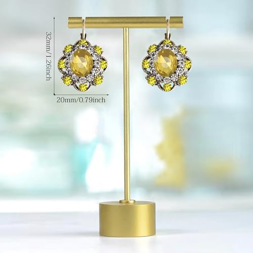 Handmade Bohemian Vintage Gold Sparkly Crystal Round Flower Leverback Earrings Cute Rhinestone Geometry Dangle Drop Earring for Women - color: Yellow