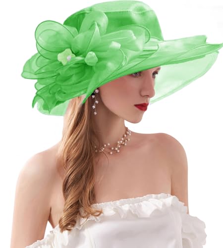 ORIDOOR Women’s Organza Church Tea Party Wedding Fascinator Derby Hat Wide Brim Sun Hats - color: C8-green