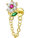 OUFER 16G Threadless Flat Back Cartilage Stud with Chain Dangle, Flower CZ Cluster Labret for Helix/Conch/Tragus/Lobe, 316L Stainless Steel, 6mm Post - color: Gold