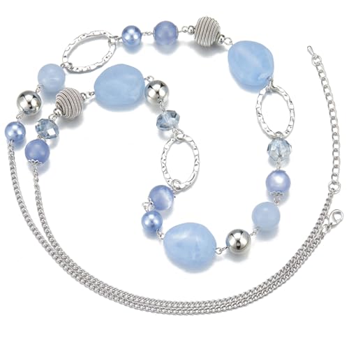 BULINLIN Beaded Long Necklace for Women Silver Sweater Chain Necklace with Crystal Resin Beads, Fashion Jewelry Necklace - color: Light blue