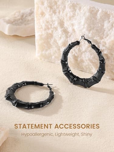 KeyStyle Bamboo Hoop Earrings for Women, Stainless Steel 90s Hoops Earring Lightweight Loops for Party, 2 mm Thick Hypoallergenic Vintage Circle Endless Thin Hoop (40mm, 60mm, 80mm,) - color: Black Plated-60mm