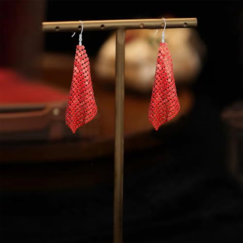 Sequin Earrings for Women Metal Mesh Grid Sequins Tassel Long Drop Dangle Earrings Trendy Charms Bridal Wedding Jewelry - color: Red