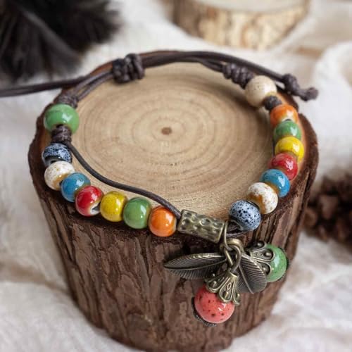 Handmade Green Boho Bracelets for Women, Bohemian Ceramic Beads Bracelets for Friends, Trendy Porcelain Stone Beaded Bracelets for Sisters - color: Colorful-Leaf