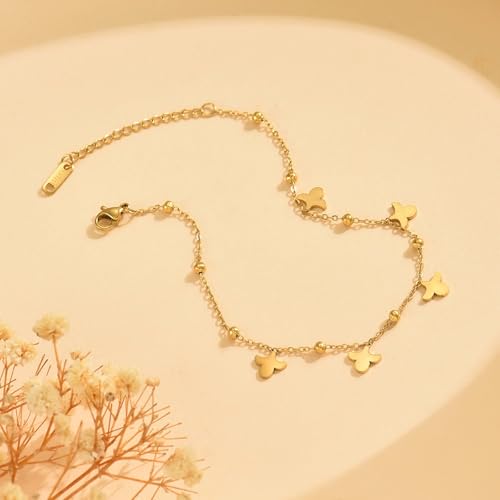 Gold Ankle Bracelets for Women 18K Gold Plated Waterproof Starfish Sea Shell Pearls CZ Diamond Dangle Anklets Trendy Summer Beach Foot Chain Jewelry Gift - style: 5 Pineapples Beads-GD