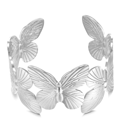 WOWORAMA Chunky Gold Cuff Bracelets for Women Vintage Gold Flower Butterfly Bracelet Trendy Boho Wide Open Cuff Bangles Matte Statement Bracelet - color: Silver Butterfly