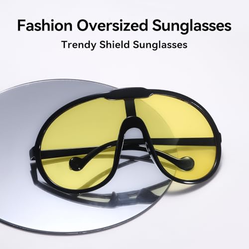 Dollger Oversized One Piece Sunglasses For Women Fashion Men Wrap Around UV400 Shield Goggles - color: Black Frame Yellow Lenses