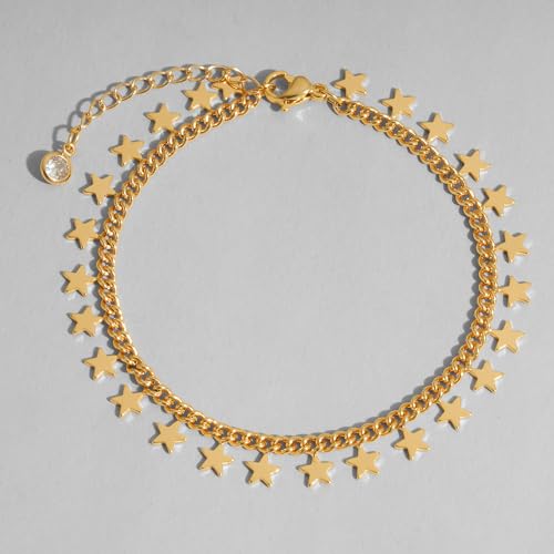 Dremmy Studios Gold Bracelet for Women 18K Gold Plated Dainty Paperclip Cubic Zirconia Disc Coin Star Cable Satellite Bead Pearl Simple Boho Minimalist Stacking Layered Link Jewelry Gift - color: Tassel Star