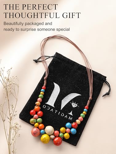 Magitaco Chunky Boho Statement Necklace for Women - Handmade Colorful Ceramic Beaded Hippie Jewelry, Adjustable Long Bohemian Necklaces for Casual Wear