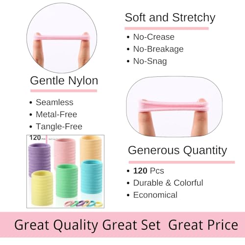 LuSeren 120 Pcs No Damage Thick Hair Ties, Large Soft Seamless Nylon Cloth Hair Elastics for Women, Light Color - color: Light color