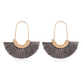 Bohemian Silky Thread Tassel Strand Fringe Statement Hoop Earrings - Lightweight Semi Circle Fan Threader, Mermaid Hoops - color: Fan Tassel Threader - Dark Gray