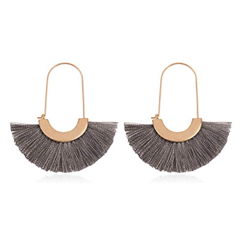 Bohemian Silky Thread Tassel Strand Fringe Statement Hoop Earrings - Lightweight Semi Circle Fan Threader, Mermaid Hoops - color: Fan Tassel Threader - Dark Gray