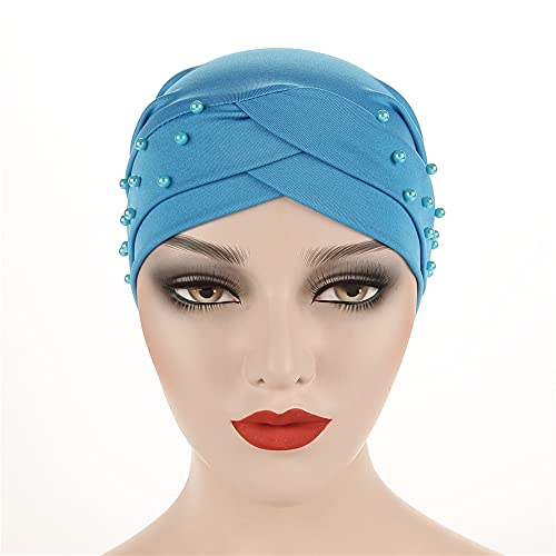 Women Beaded Silky Beanie, Pre-Tied Turban Head Wrap Cap for Chemo Chemical Cancer Hair Loss Cover Hat - color: Lake Blue
