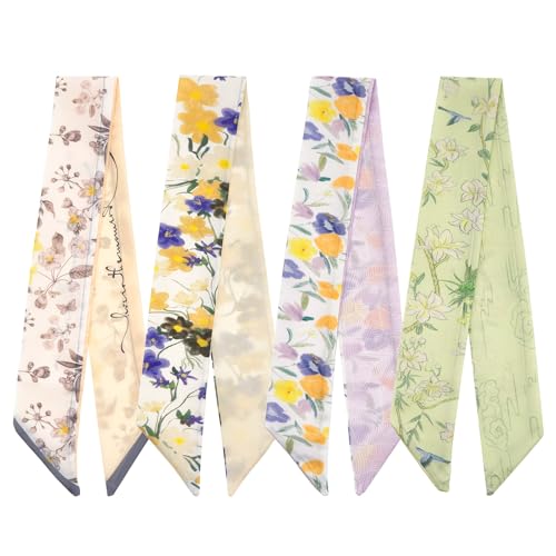 QIUTIMIY 4 Pack Purse Scarf Handbags Skinny Twill Hair Scarves Narrow Neck Scarf Band Women Fashion Accessories Bag Charms - color: Style 2-1
