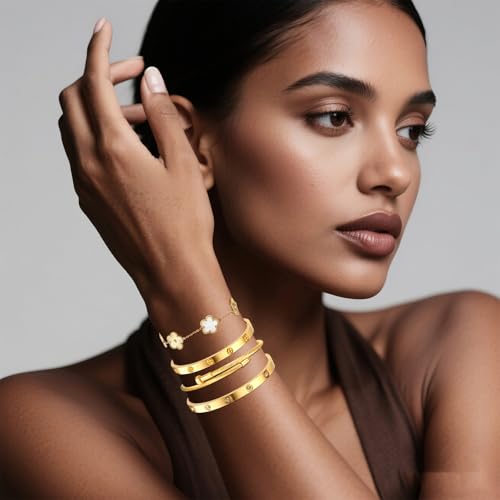 Womens Stackable Floral Gold Bracelets - 4Pcs 18K Gold Plated Bracelet,Stainless Steel Bangle Bracelets Non Tarnish, Gold Bracelet Set Trendy Jewelry,Christmas Valentines Birthday Gifts for Girlfriend - color: Bracelets Stack 4Sets (Floral White+Gold Brac