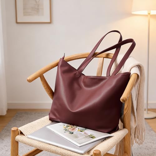 WLLWOO Soft Vegan Leather Tote Bag for Women Large Casual Hobo Handbags Zipper Shoulder Work Daily Weekender Travel Purse - color: Dark Red