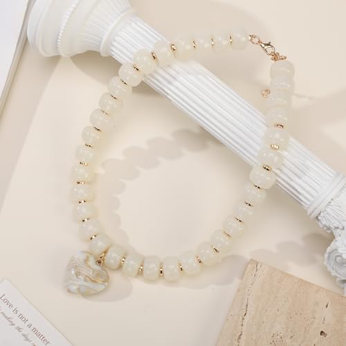 Chunky Colorful Beaded Statement Boho Summer Beach Chokers Necklace Heart Pendant Pink Green Yellow Brown Fashion Jewelry - color: Gold-white