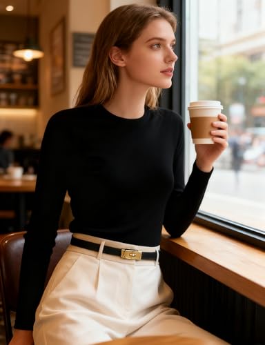 BEMYLV Skinny Belts for Women Dresses Turn-Lock Gold Buckle Adjustable Fashion Waist Belt for Pants Jeans Business Casual - color: Black