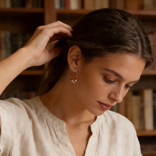Natural Stone Beaded Hoop Earrings for Women, Boho Handmade Lightweight Hypoallergenic Trendy Summer Beach Accessories Fashion Jewelry Gift - color: Orange