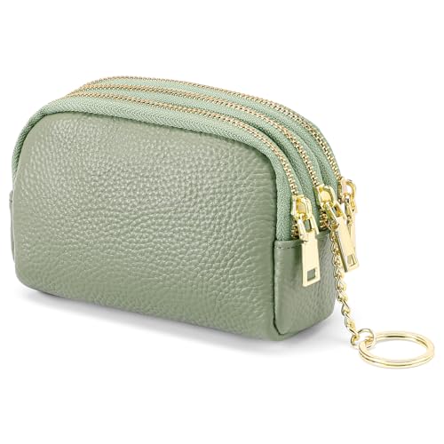 SENDEFN Small Coin Purse Leather 3 Zippered Change Pouch Wallet with Key Ring for Women - color: 1-Green