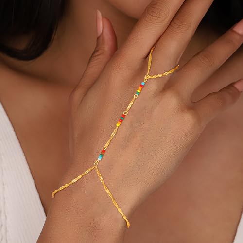 Hand Chain Bracelets for Women - 14K Real Gold Plated Dainty Stackable Paperclip Link Bracelets Hand Chain Bracelet Ring Gold Bracelets for Women Trendy - color: Colorful Singapore Hand Chain