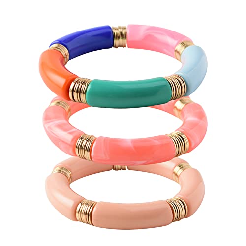 GOOJIDS Simple Beaded Gold Plated Bangles Bracelet Chunky Bamboo Tube Curved Stacking Clear Acrylic Colorful Beads Stretchable Gold Plated Bracelets Set For Women - color: S-Small size Beige&Pink 3PCS Set