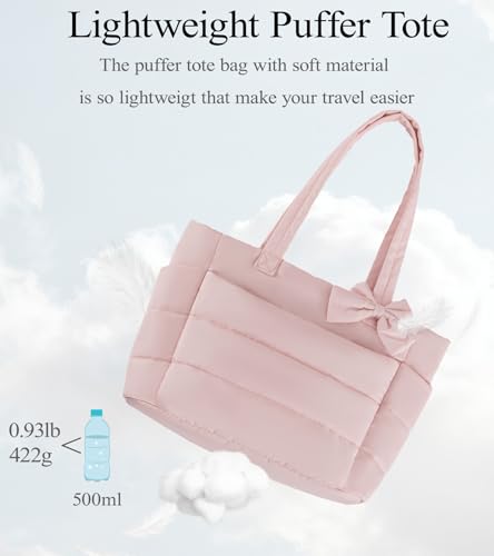 CTWWFS Puffer Tote Bag for Women, Quilted Bow Tote Bag with Cup Holder & 15.6 In Laptop Compartment for Work, Travel, Gym - color: Pink