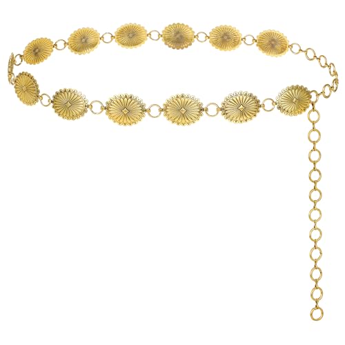 FIORETTO Western Waist Chain Belt Metal Concho Belt for Women Cowgirl Cowboy Boho Country Belt for Dress Jean - color: Gold-95, size: Fit Waist Up to 38"
