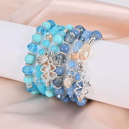 Bohemian Bracelet Sets for Women - 6 Sets Stackable Stretch Bracelets Multi-color Boho Jewelry for Women Hippie Bracelets Dainty Jewelry - color: Lucky grass stretch bracelet