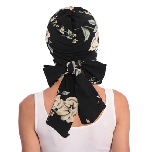 XYIYI Chemo Headwear for Womens Cancer Patients, Head Scarf Chemotherapy Headwraps Hat - color: Black Beige Flowers