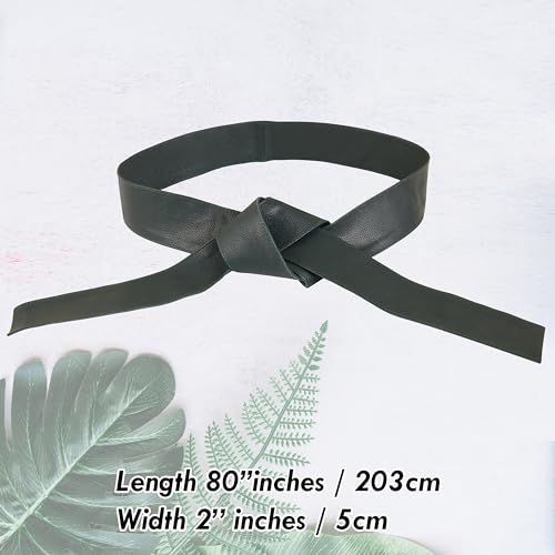 Woman's Obi Sash Tie Plus Size Waist Band Wide Solid Color Genuine Leather Belt - color: Green